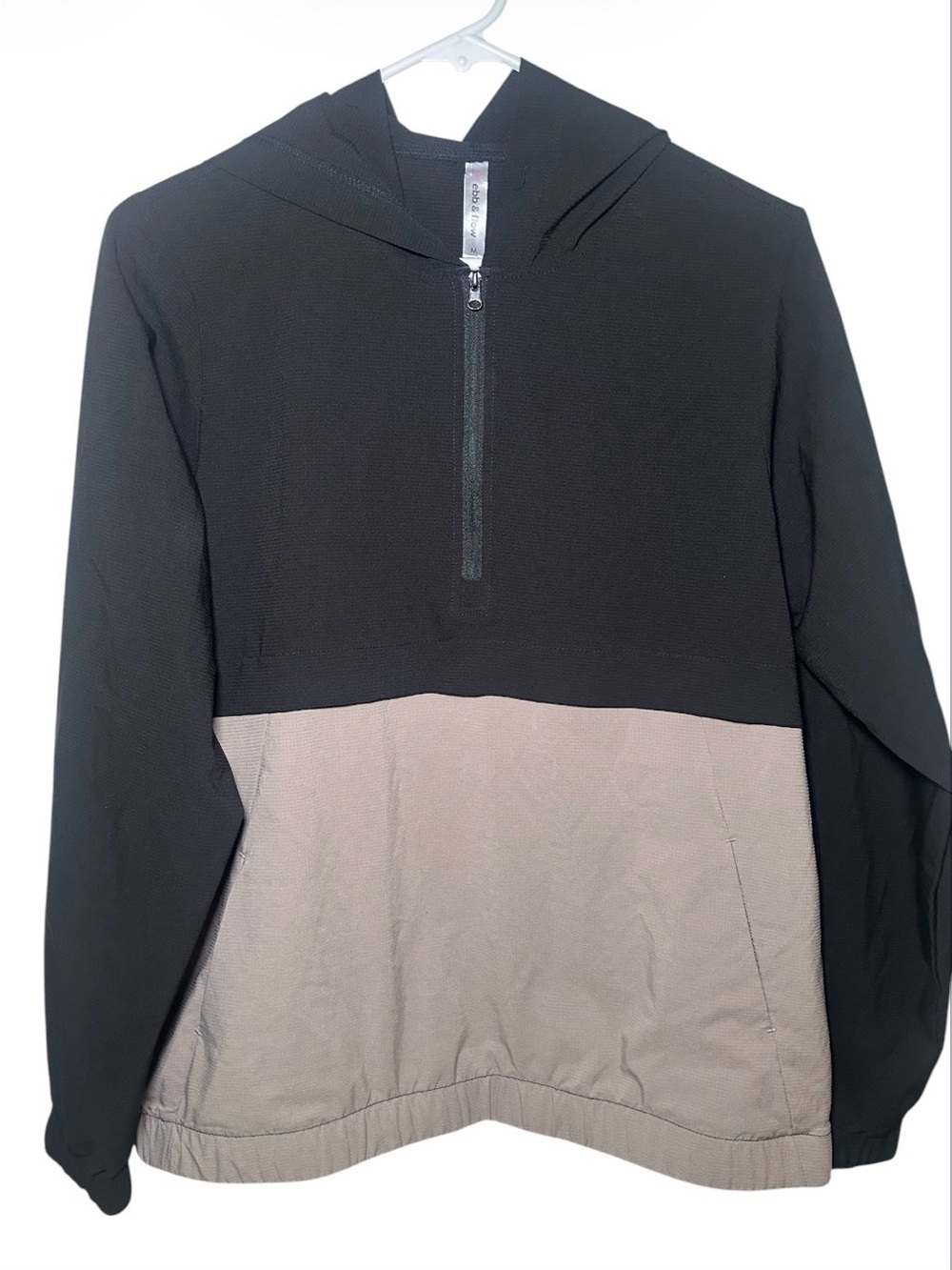 Ebb & Flow Two-Tone Hooded Half-Zip Pullover Black & Taupe Winter Warm Casual